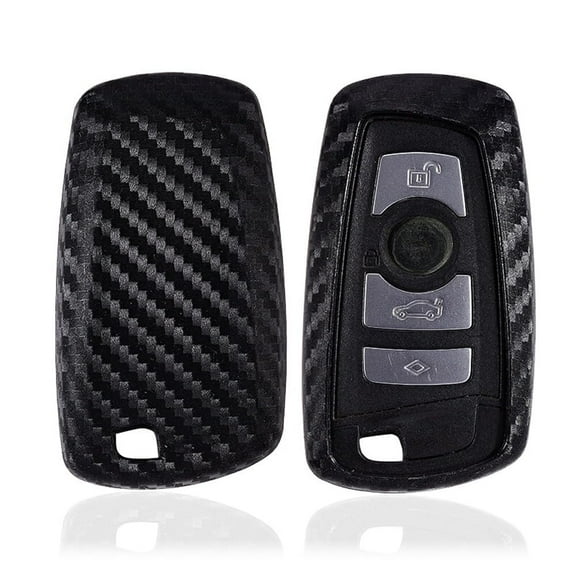 Carbon Fiber Finish Soft Silicone Key Fob Cover For BMW 1 2 3 4 5 6 7 Series X1 X3 X4 Keyless Smart Key (Black Twill Weave Pattern)