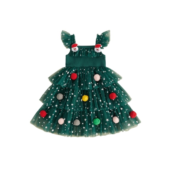 RUINIXCW Toddler Baby Girl Christmas Tree Dress Cake Smash Outfit Kids Little Girl Xmas Holiday Party Dress Ball Fly Sleeve Layered Tulle Tutu Dress