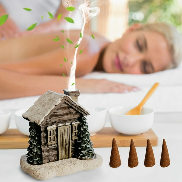 Quemadores de Incienso Navideños de Resina con Forma de Chimenea, Nieve y Cabaña Invernal con Varillas de Incienso.