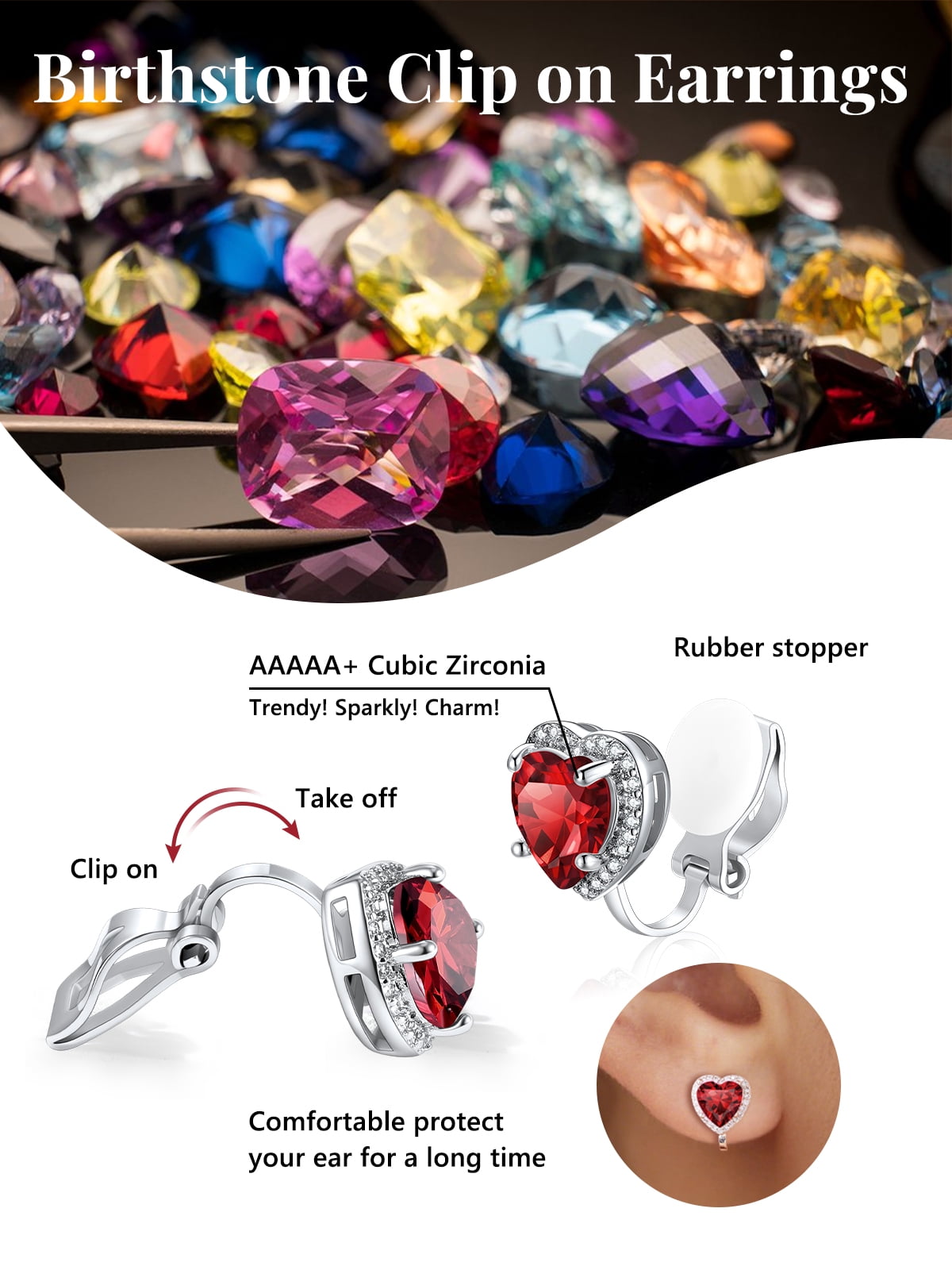 Silvora Clip on Earrings for Women January Red Garnet Heart Birthstone Non Pierced Earring for Daughter Wife Dainty Birthday Christmas Valentines Jewelry Gift