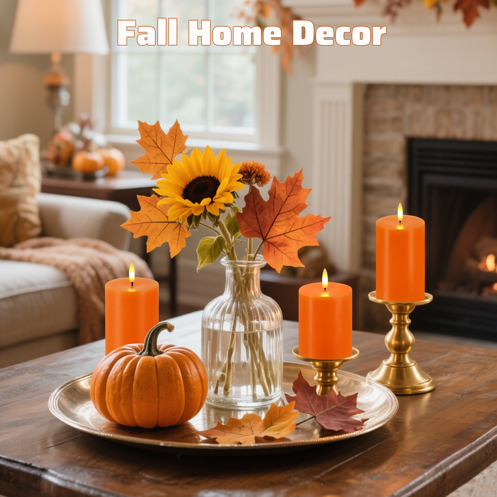 Orange Flameless Candles, Set of 3 Flickering LED Candles with Remote & Timer, Dimmable Real Wax Electric Pillar Candles Battery Operated, Orange Candles for Fall Thanksgiving Halloween Decor