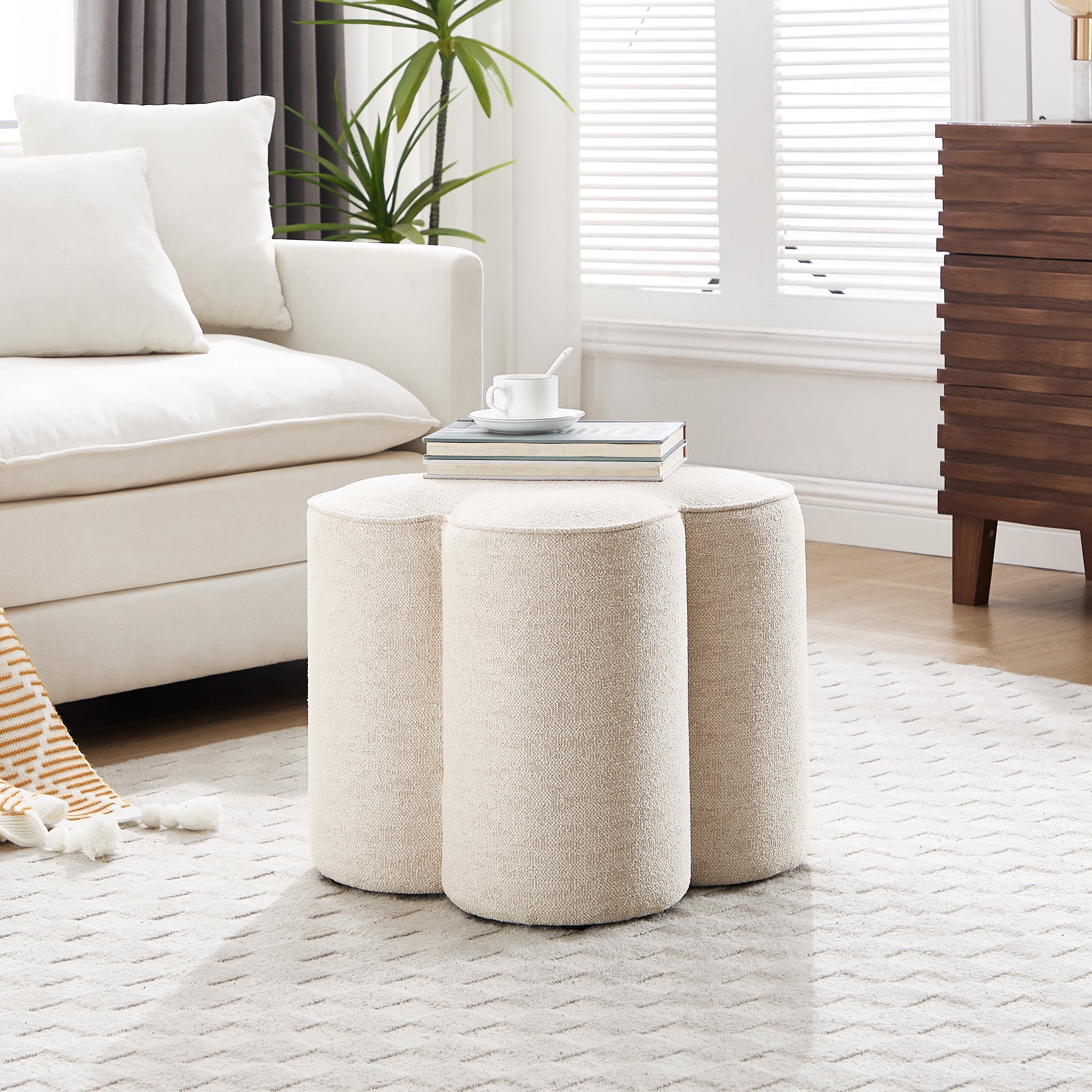 Zesthouse 18.5″ Linen Fabric Ottoman, Modern Ottoman Coffee Table for Living Room, Flower Shaped Foot Stools, Upholstered Footrest Stool for Couch, Beige