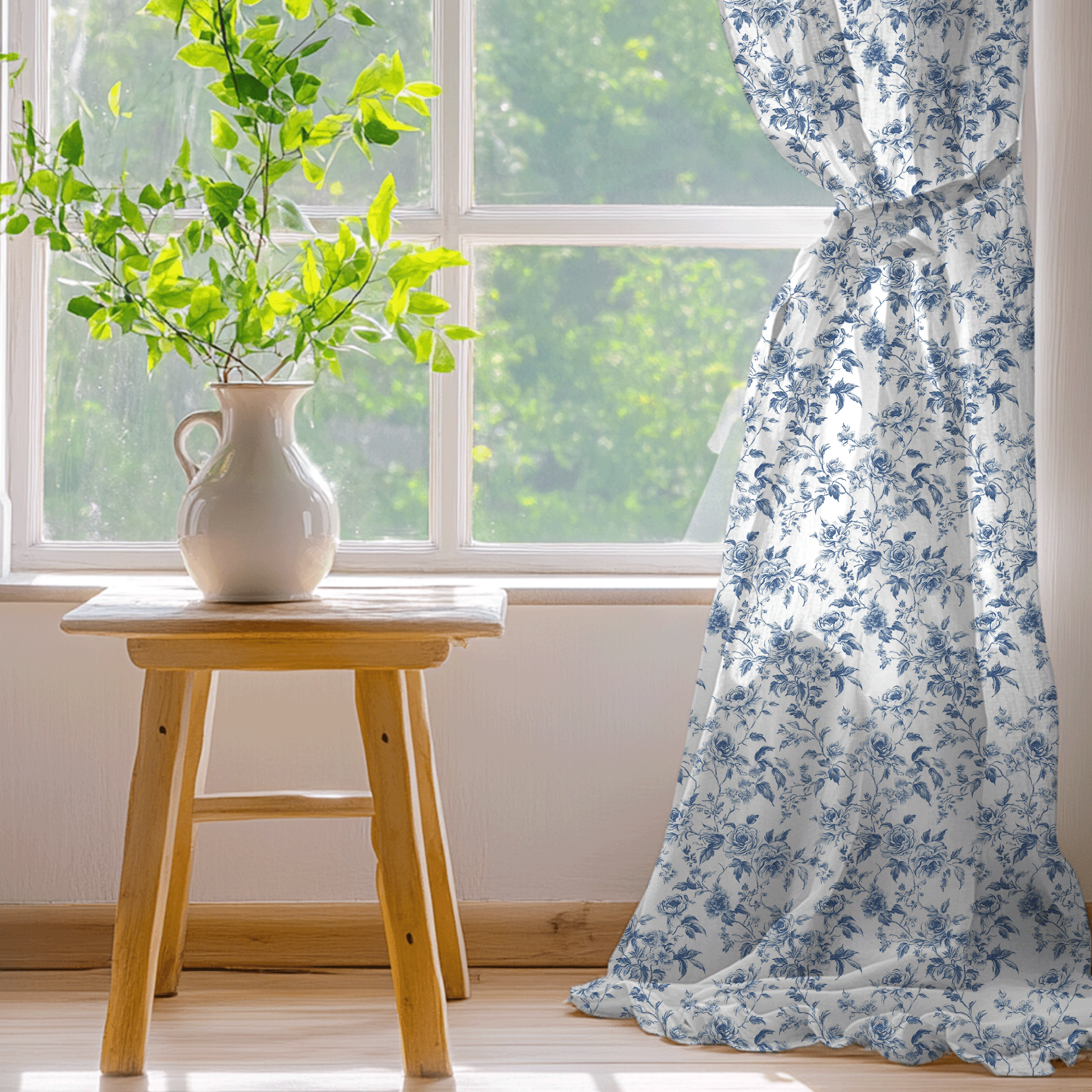 NICETOWN Floral Curtains for Living Room, Semi Sheer Linen Curtains Light Filtering Farmhouse Back Tab Window Drapes, Blue, 52"x84", 2 Panels