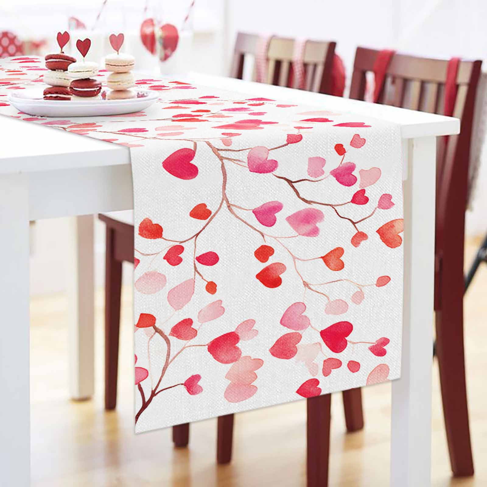 Valentine's Day Table Runner, Romantic Watercolor Red Gradient Love Heart Tree Washable Cotton-linen Table Runners Dining Kitchen Decoration for Everyday Home Wedding Party Decor, 13 x 108 Inch