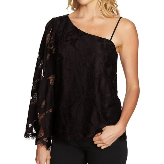1.STATE Womens Lace One Shoulder Blouse, Black, Large