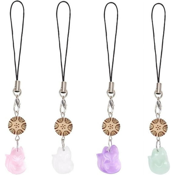 Colorful 4pcs Glass Fox Mobile Phone Straps Fox with Flower Beads Phone Charms Enamel Hanging Pendants Lanyard Charms for Keychain Phone Case Car Key Bag Backpack Purse Decoration