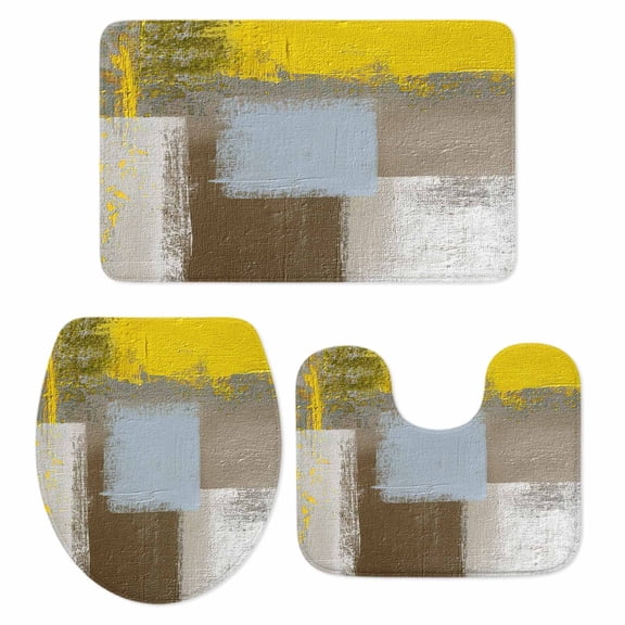 Abstract Mottled Bathroom Rugs Set Yellow Brown Vintage Oil Painting Texture Non Slip Absorbent Soft Bath Mats 3 Piece Set with Bathroom Rug, U-Shaped Floor Mat, Toilet Seat Cover Small Size