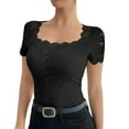 thumbnail image 2 of Bovemsi 2025 Spring/Summer Solid Color Lace Slim Square Neck T-Shirt for Women, Black, XL, 2 of 7