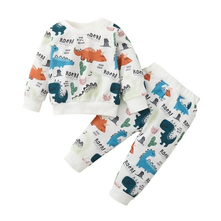

Kucnuzki 3 Months Baby Boy Winter Outfits Pants Sets 6 Months Long Sleeve Dinosuar Prints Sweatshirt Tops Elastic Pants 2PCS Set White