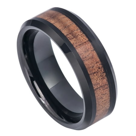 Tungsten Carbide Titanium (8mm Tungsten Carbide Wedding Band Ring For Men Or Ladies Black IP Plated with Hawaiian Koa Wood)