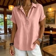 thumbnail image 2 of RQYYD Womens Short Sleeve Collared Tops Casual Henley Blouses Roll Cuff Linen Blend Tee Shirts Daily Clothes, 2 of 6