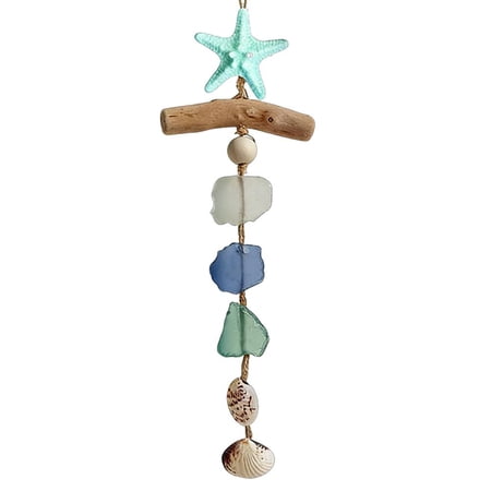 Coastal Hanging Decoration Beach Themed Wall Ornament with Starfish Driftwood Sea Glass & Shells Handcrafted Nautical Home Decor for Window Door Patio Garden Beach Lover Gift Housewarming