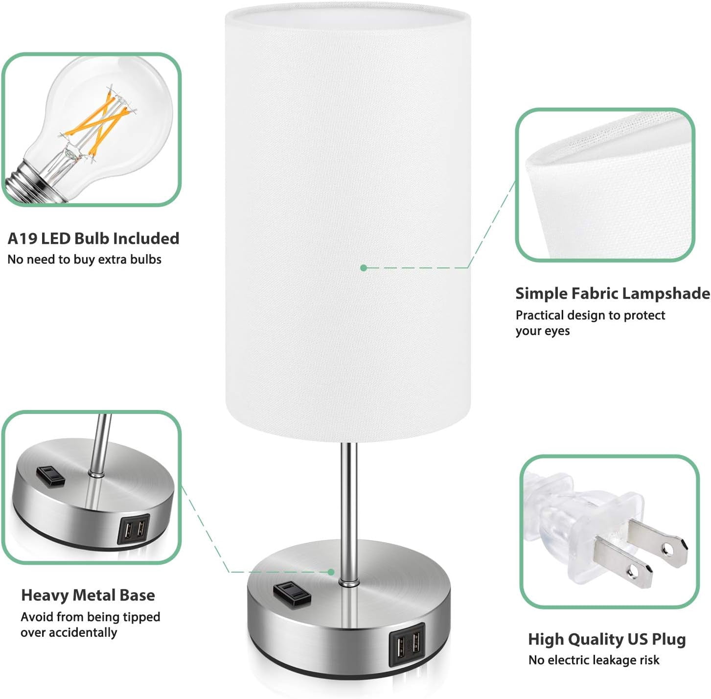 Nordic Hygge Set of 2 Touch Control Dimmable Table Lamps with 2 USB Charging Ports&AC Outlet