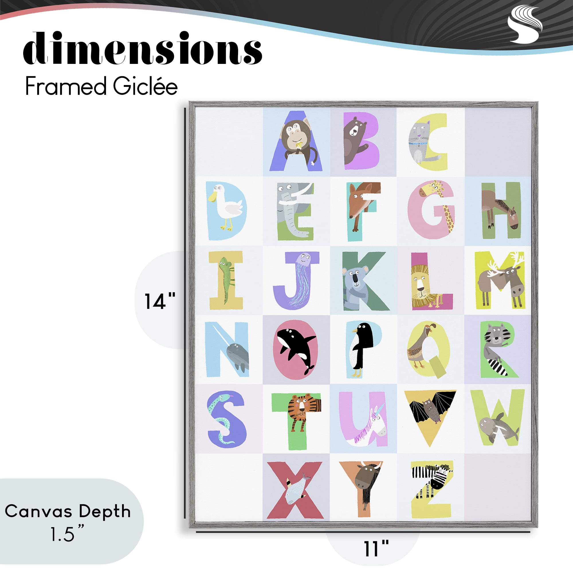 Stupell Industries Animal Alphabet in Light Grey Gray Framed Giclee Art, design by Carla Daly