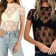 thumbnail image 3 of URTERYSER Short Sleeve Mock Neck Floral Lace Crop Top Solid Color Fitted Baselayer T-Shirt for Women Night Out Sheer Mesh Blouse Black, 3 of 9