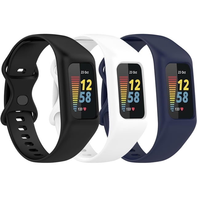MYKOMI 3 Pack Soft Watchband compatible with Fitbit Charge 6, Charge 5, Charge 4, Charge 3/3SE, featuring silicone material in black, white, and navy blue. Designed for 5.5 to 8.7-inch wrists with easy installation and secure fit. Ideal as a smartwatch accessory replacement.