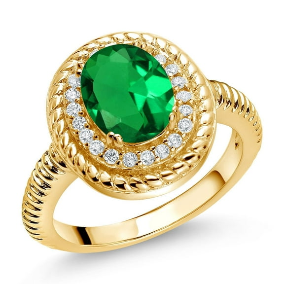 Gem Stone King 1.76 Ct Oval Green Nano Emerald 18K Yellow Gold Plated Silver Halo Engagement Ring (Size 6)
