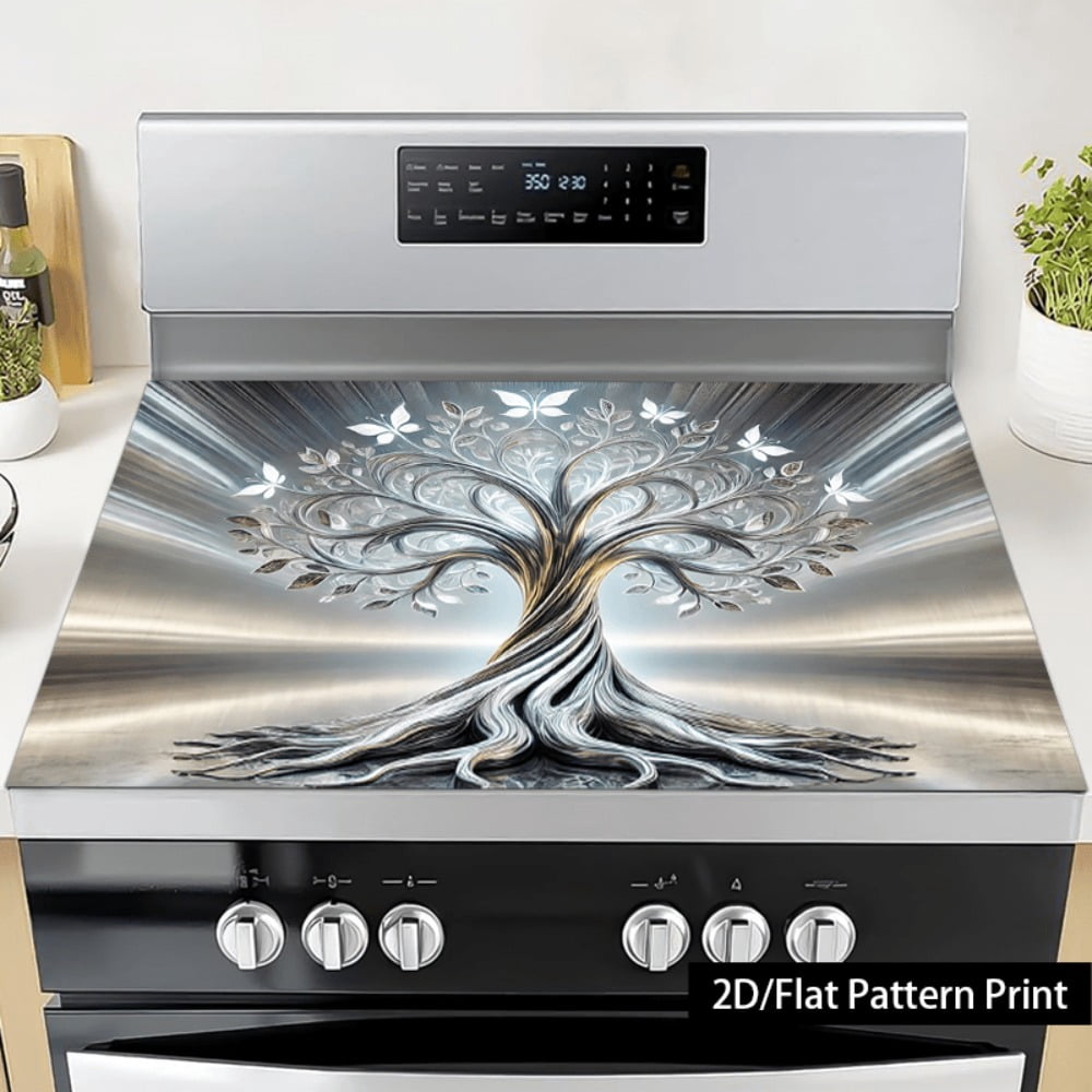 1 piece, stove panel and cooktop panel protection pad, 2D flat butterfly life tree pattern kitchen decorative countertop pad, suitable for stoves, washing machines, dryers, coffee machines, multi-fun