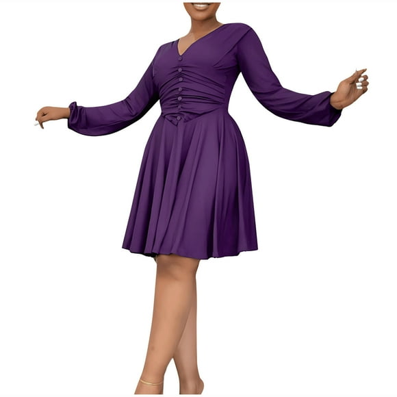Women's Mini A Line Dress Solid Color Ruched Trendy Clearance Long Sleeve V Neck Button Elegant Casual Spring Purple XL