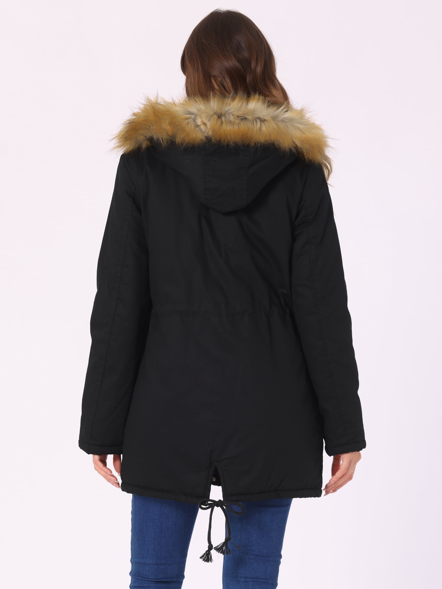 Unique Bargains Women Windproof Winter Parka Puffer Coat with Faux Fur Hood S Black