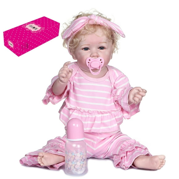 Decdeal Reborn Baby Dolls 22 inch Soft Weighted Baby Lifelike Hand-made Full Body Silicone Doll with Pink Striped Set