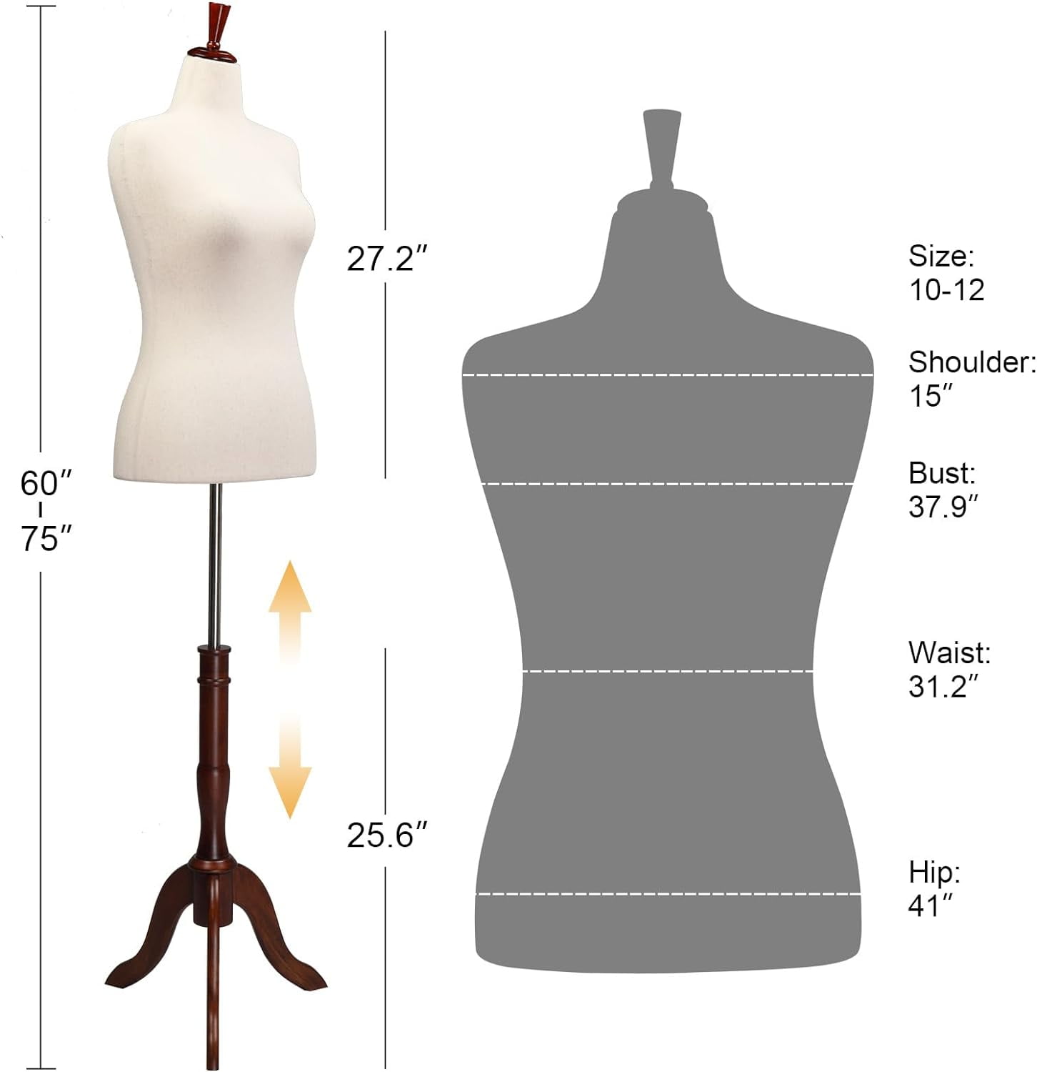 Female Dress Form Size 10-16, Adjustable Height Torso Body with Upgraded Tripod Stand, Medium Size Mannequin for Sewing and Display (14-16, White)