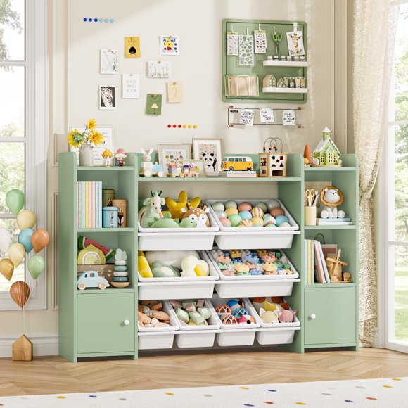 Homfa Kids Toy Étagère de Rangement à 8 Compartiments et 2 Portes, Idéale pour Ranger les Jouets dans une Chambre d'Enfant Ou une Salle de Jeux, Verte.