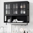 thumbnail image 3 of S-HOME Modern Minimalist Wooden Wall-Mounted Cabinet with 3 Doors, Glass and Open Storage for Bathroom and Living Room, Black, 3 of 15