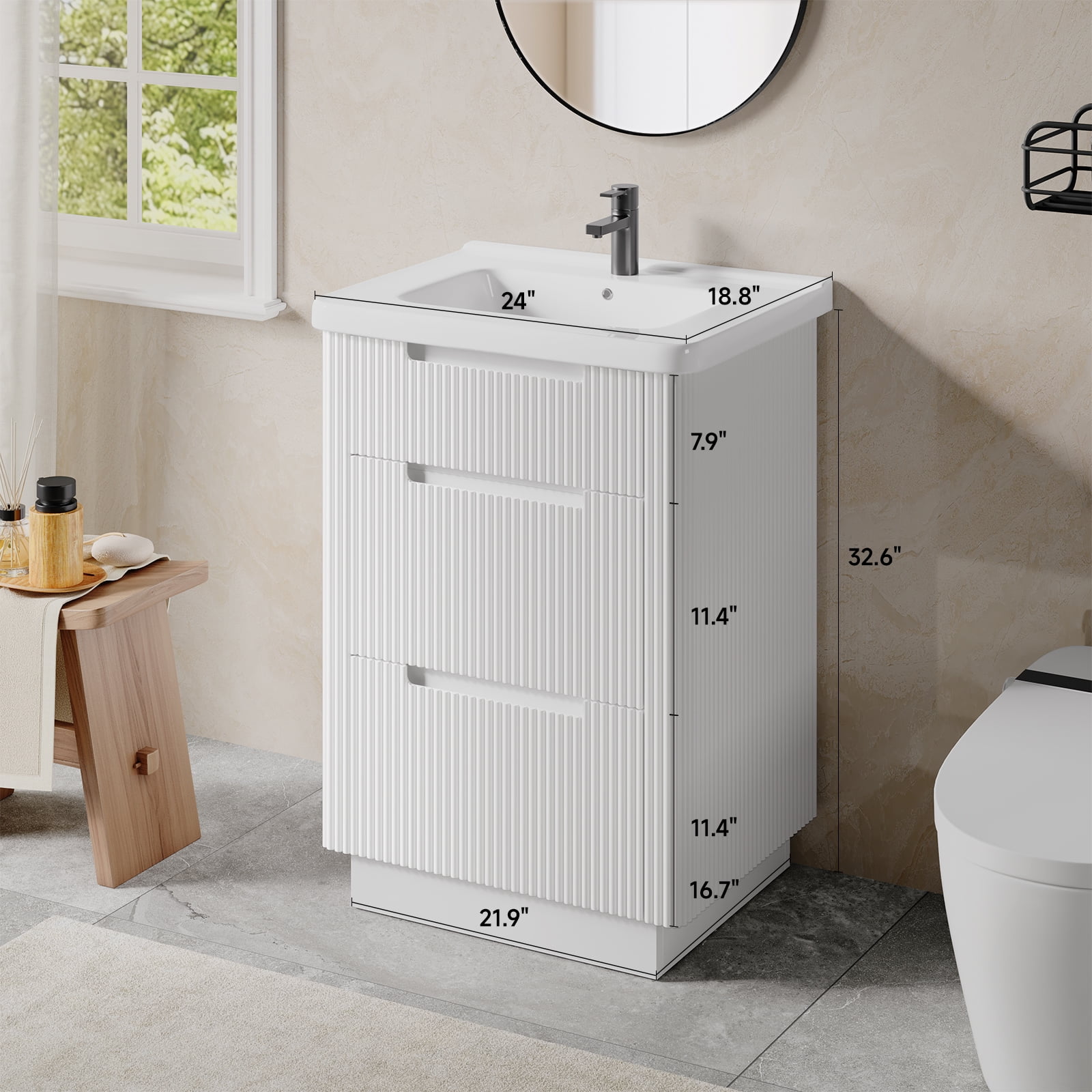 24 inch Bathroom Vanity with Ceramic Sink, Modern Floor Vanity Sink Cabinet with 3 Drawers, Fluted Free Standing Bathroom Storage Cabinet with Sink Combo Set, White