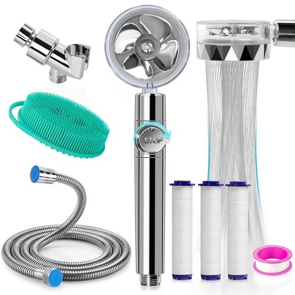 Ensemble de Pommeaux de Douche Haute Pression avec Tuyau de Douche de 79 Pouces, 3 Filtres en Coton PP, Pommeau de Douche Turbo à Ventilateur, Interrupteur Pause à une Touche, Rotation à 360 Degrés (Ensemble Argent)