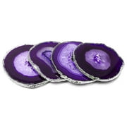 Modern Home Set of 4 Natural Agate Stone Coasters - Purple w/Silver Edge