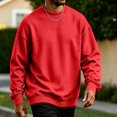 thumbnail image 6 of Basic Crew Neck Sweatshirt for Men, Long Sleeve Drop Shoulder Solid Color Pullover, Fall Regular Fit Casual Streetwear Top Red XL, 6 of 6