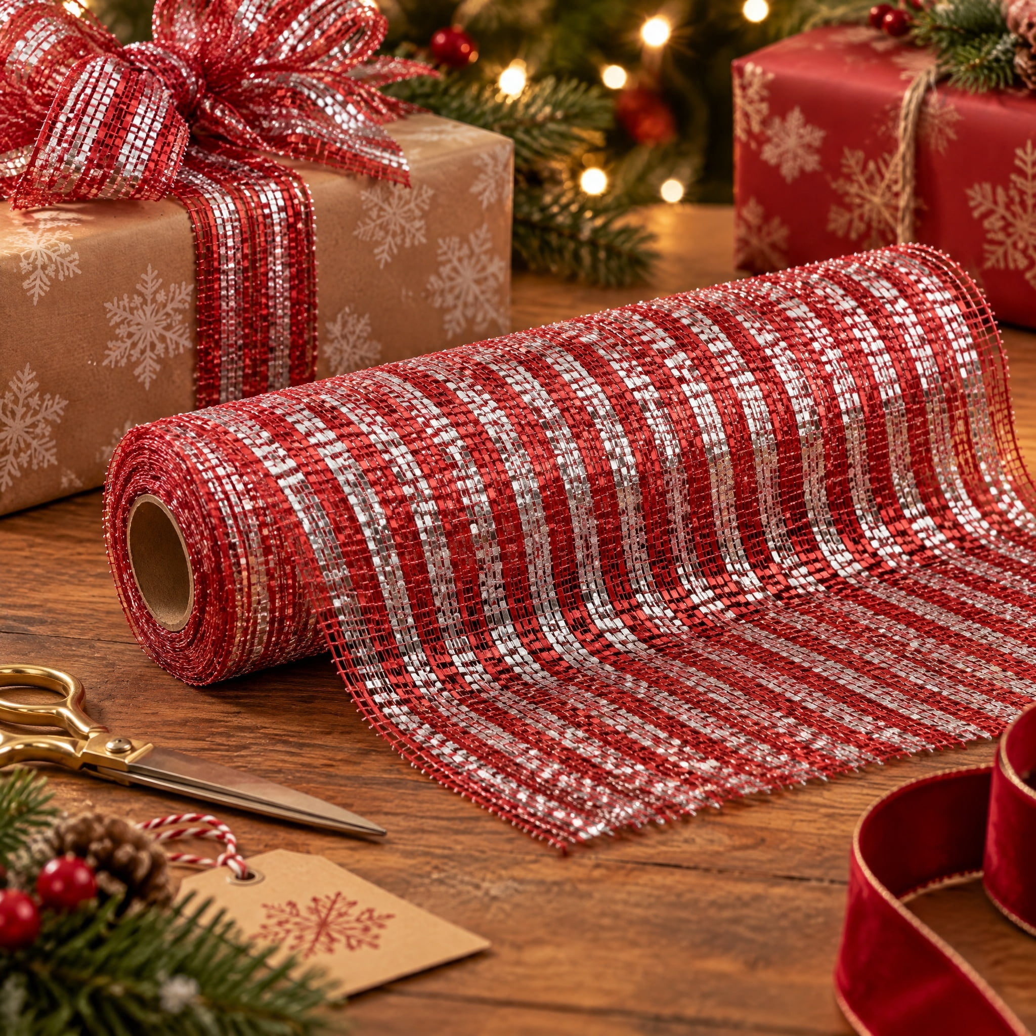 Red and Silver Striped Mesh Christmas Ribbon, 10.5" x 15', by Holiday Time