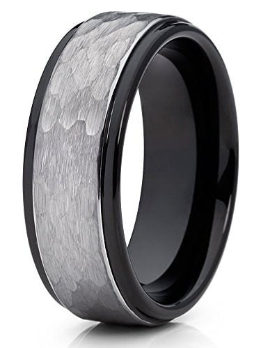 iTungsten 8mm Silver/Black/18K Gold Hammered Tungsten Rings for Men Women Wedding Bands Matte Finish Pipe Cut Comfort Fit 