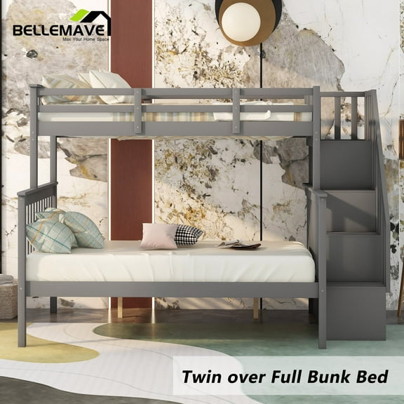 BELLEMAVE Twin Over Full Bunk Bed, Bunk Bed with 4-Step Stairs, Full-Length Guardrail, Footboard and Headboard, Convertible into 2 Beds, Storage Bunk Bed(Gray)