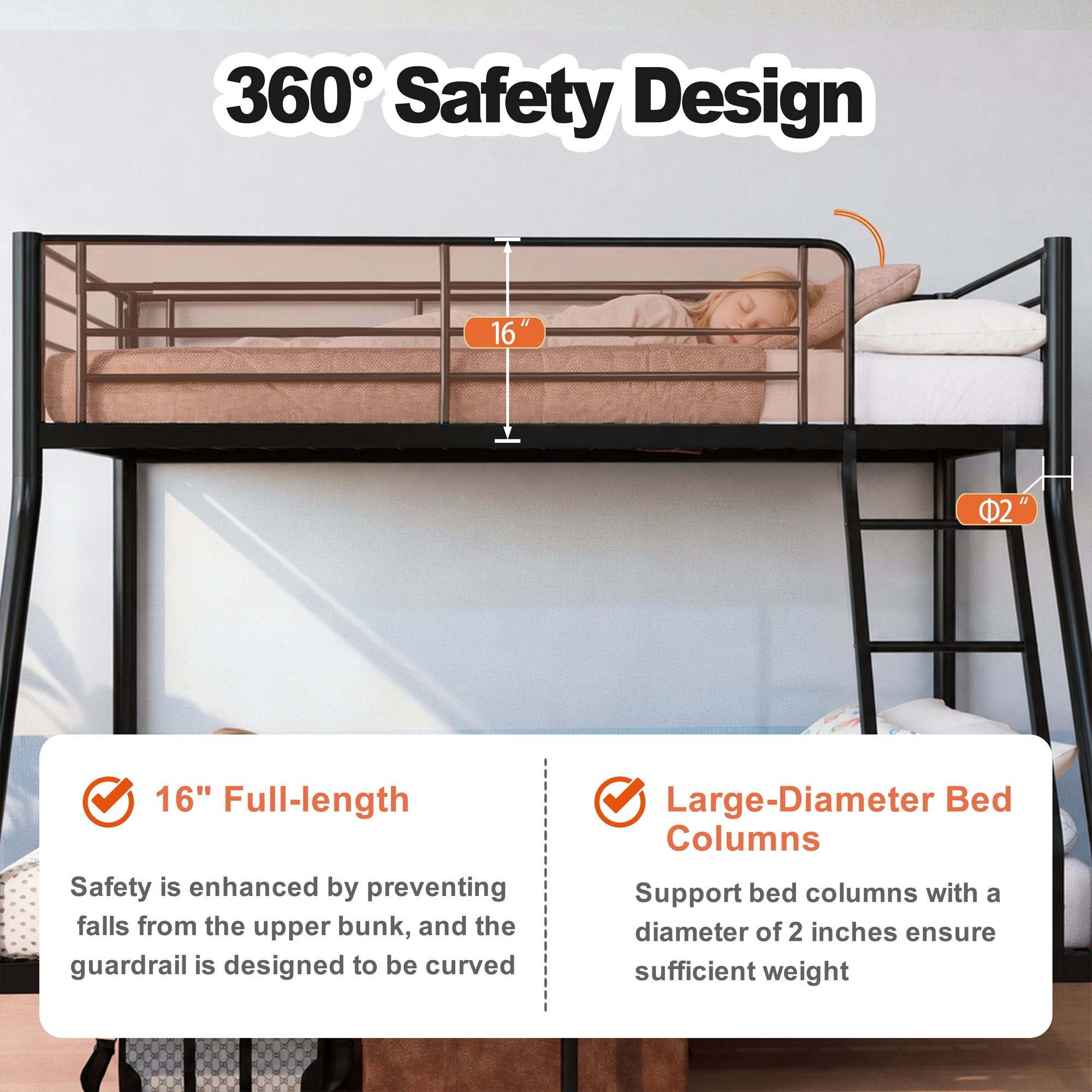 Bunk Beds Twin Over Full Size, Heavy-Duty Metal Frame with 990 lbs Bottom Capacity, High Guardrails,Noise-Free Slats, No Box Spring Needed, 1-Box Easy Assembly for Kids Teens Adults,Black