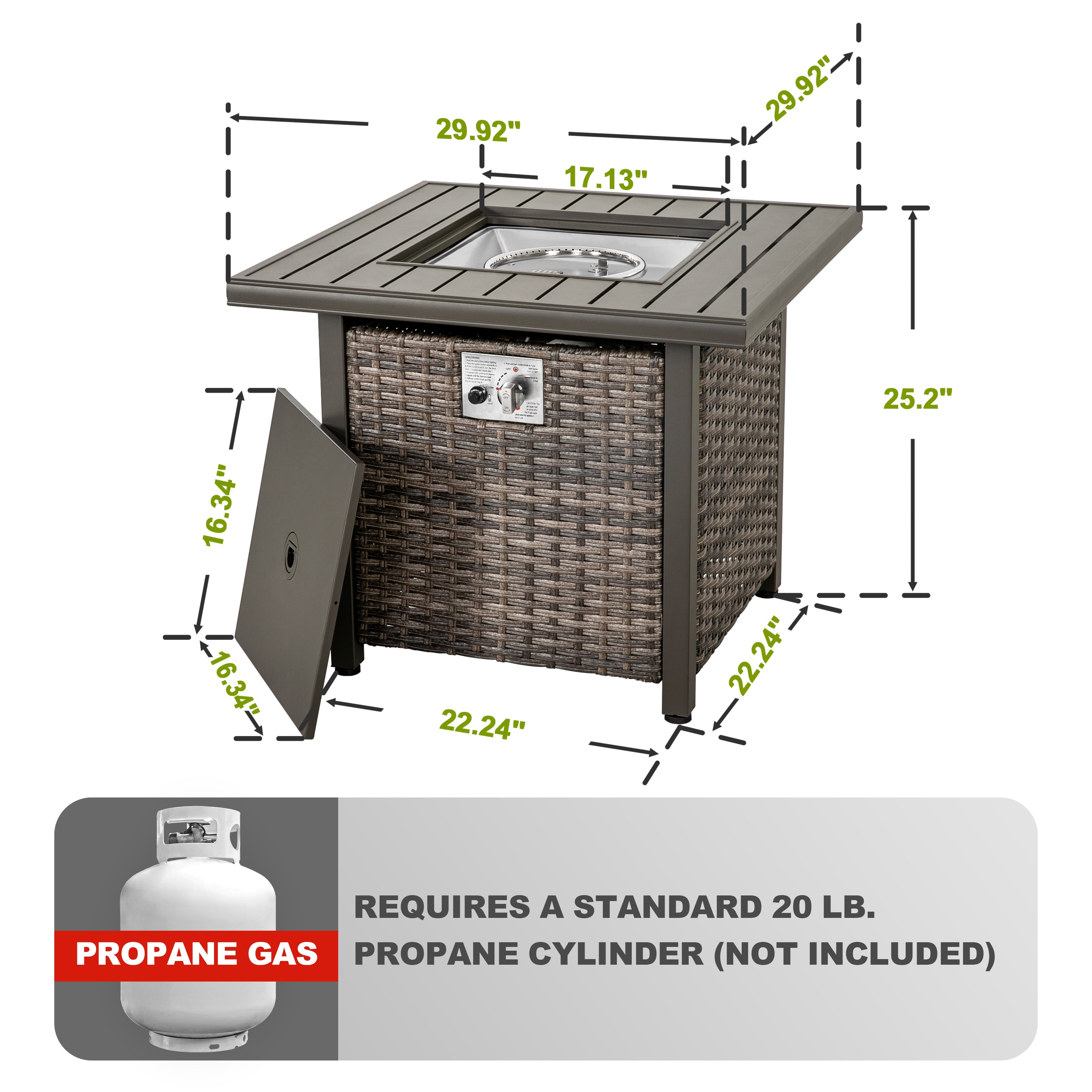 Nuu Garden Square 30" Outdoor Propane Fire Pit Table, 50,000 BTU Gas Fire Pit with Lid, Hand-Woven Wicker, with Glass Beads and CSA Certification