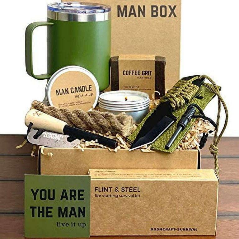 Man Gift Box | Fun Outdoor Men Gifts - Camping Ferro Rod Fire Starting Rope  Knife Candle Soap & Tumbler | Guy Birthday Boxes for Adventurous Outdoorsy