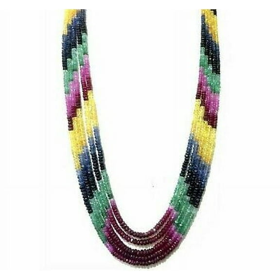 Emerald Ruby & Sapphire Multi Precious 3.5mm Roundel Cut Beads Necklace
