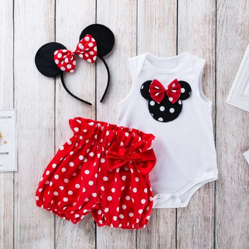 Koolyou Disney Newborn Baby Girls Clothes Minnie Mouse Dot Body Suits Festival Jumpsuit Set 3 Pcs Outfits Romper Shorts Headband Other