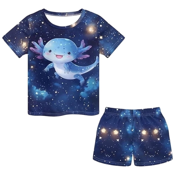 Kids Axolotl Galaxy Print 2-Piece Outfit, Short Sleeve T-Shirt Shorts Set, Casual Summer Loungewear for Boys and Girls(Dark Blue,4-5 Years)