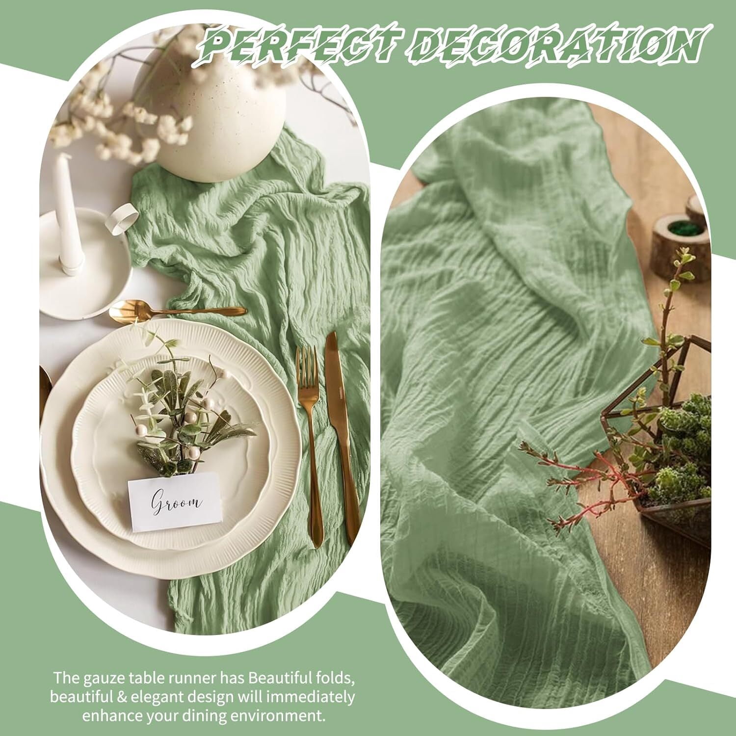 10 Pack Sage Green Cheesecloth Table Runner 17x108 Inch Boho Gauze Cheese Cloth Table Runners for Wedding Party Baby Shower Birthday Home Decor