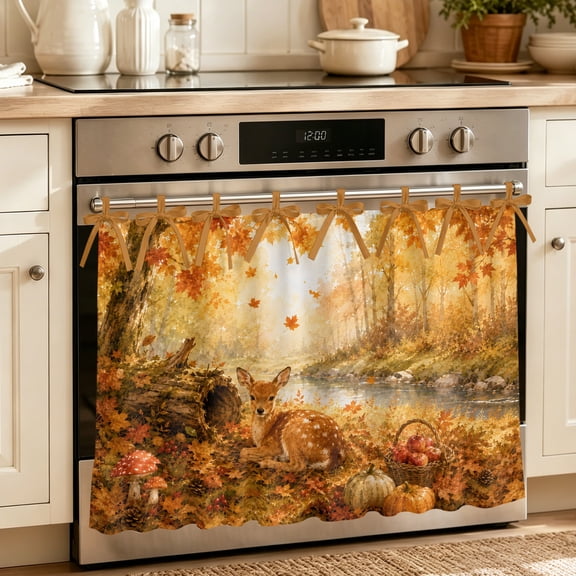 Fall Deer Oven Skirt for Farmhouse Kitchen Décor, Retro Country Wildlife Maple Pumpkins Oven Curtain Tie Top Decorative Stove Skirt, Cabinet Dish Washer Curtains with 8 Ribbon Ties 27"x20"