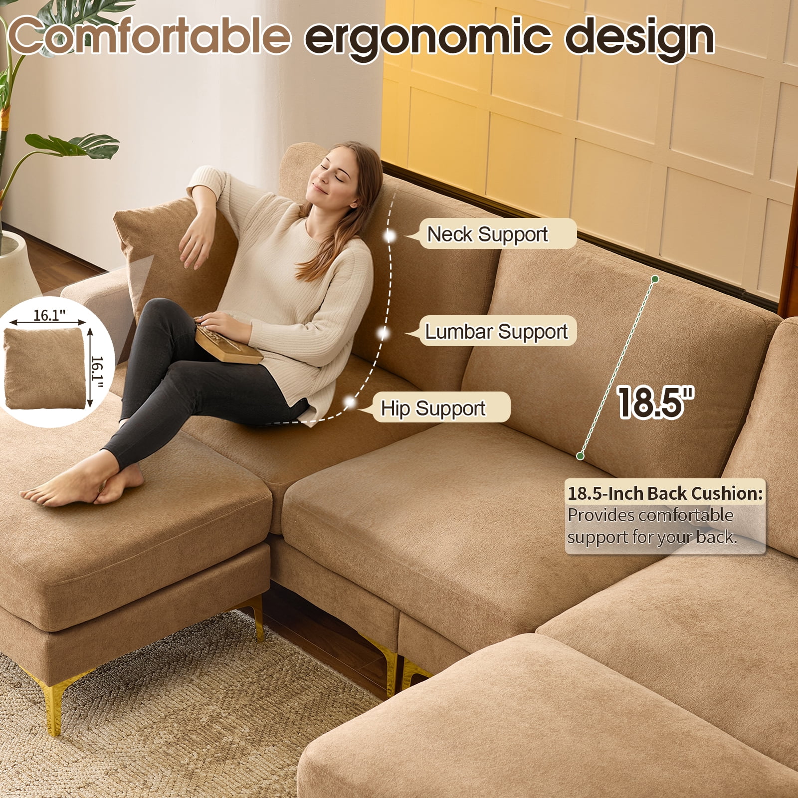 Ktaxon U-Shaped Sofa with 2 Removeable Ottoman Footrests, Flannel Deep Seating Couch for 3, Converts to Sleeper for Bedroom Living Room Furniture Khaki