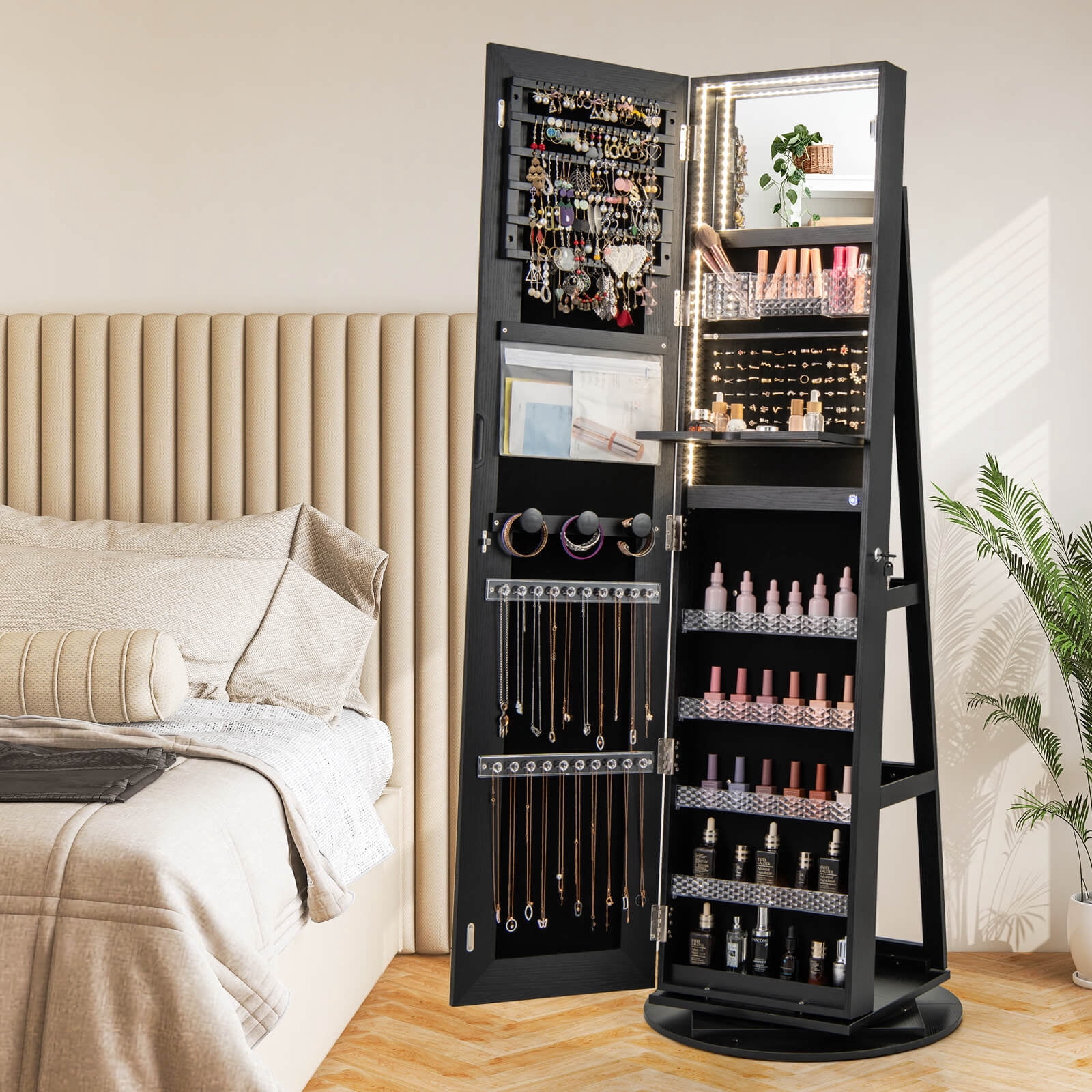 Costway 360° Swivel Jewelry Cabinet Organizer 3-Color LED Mirror with Built-in Lights Black