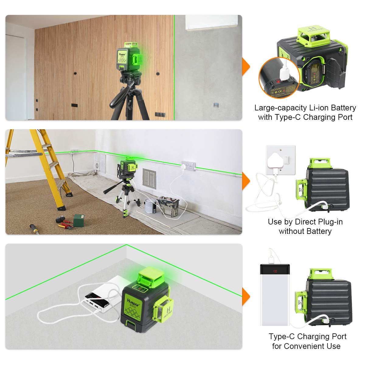3D 12 Lines Self-leveling Laser Level, 200Ft Green Beam Cross Line Laser Levels Tool with Li-ion Battery, Type-C Charging Port and 360° Magnetic Pivoting Base