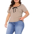 thumbnail image 4 of Agnes Orinda Blusas de Talla Grande para Mujer con Cuello Cuadrado, Mangas Cortas, con Detalle de Contraste y Nudo, T-Shirts Casual 2X Camel, 4 of 6