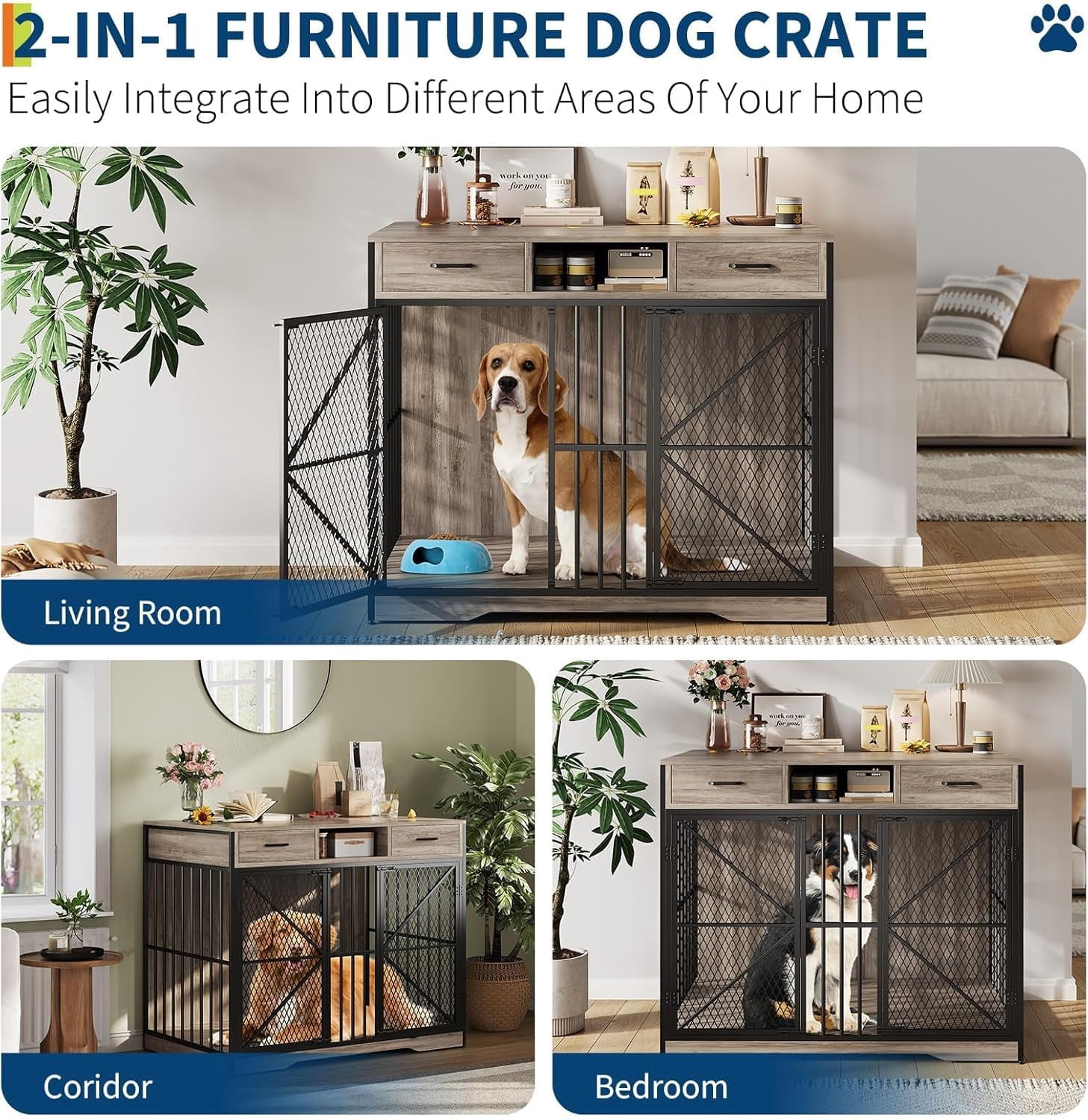 44 Inch Dog Crate Furniture, Heavy Kennel Coffee Table with Storage Drawer and Two Locked Doors, Suitable for Indoor Pet Cages of Medium and Small Varieties