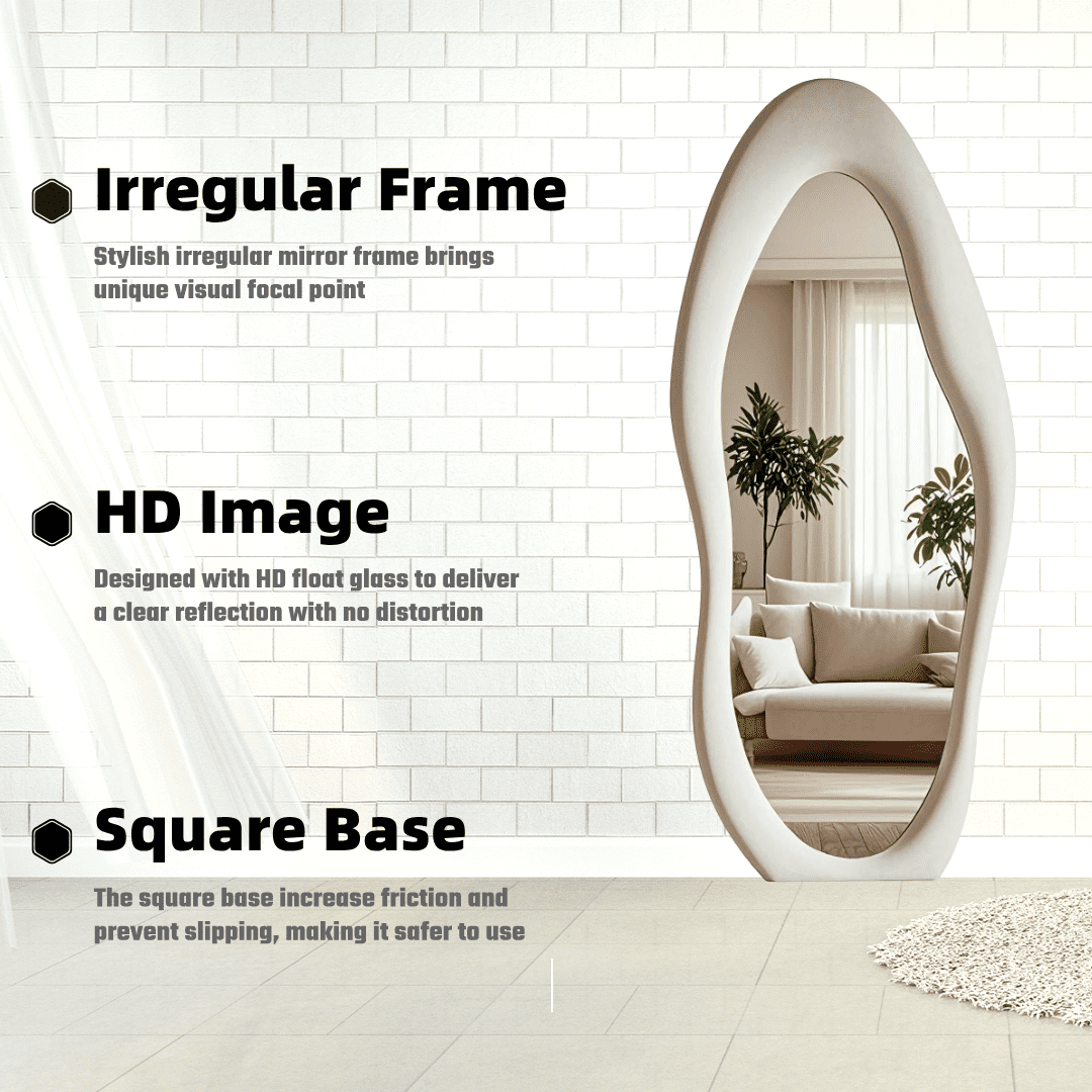 Super Store 63"x 24" Irregular Full Length Mirrors - Full Body Flannel Wrapped Wooden Mirror Leaning and Hanging for Bedroom Living Room,White