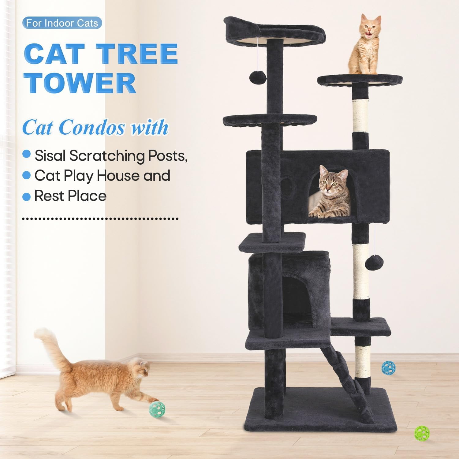 Bestpet 54 in Dark Gray Cat Tree Tower with Scratch Posts Condo and Toys for Active Cats